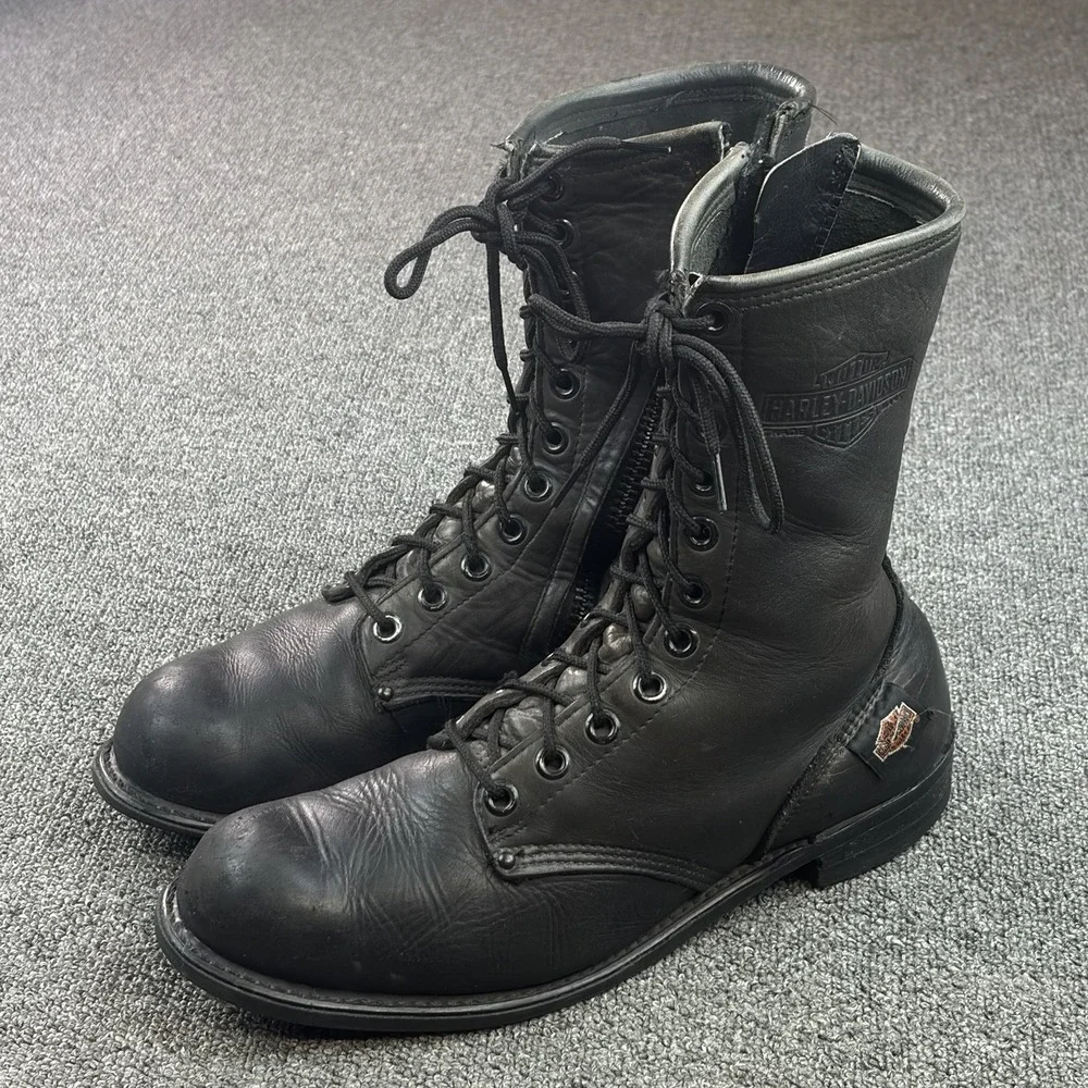 Harley Davidson 98417 Mens 12 Black Leather Side Zip Lace Up Motorcycle Boots